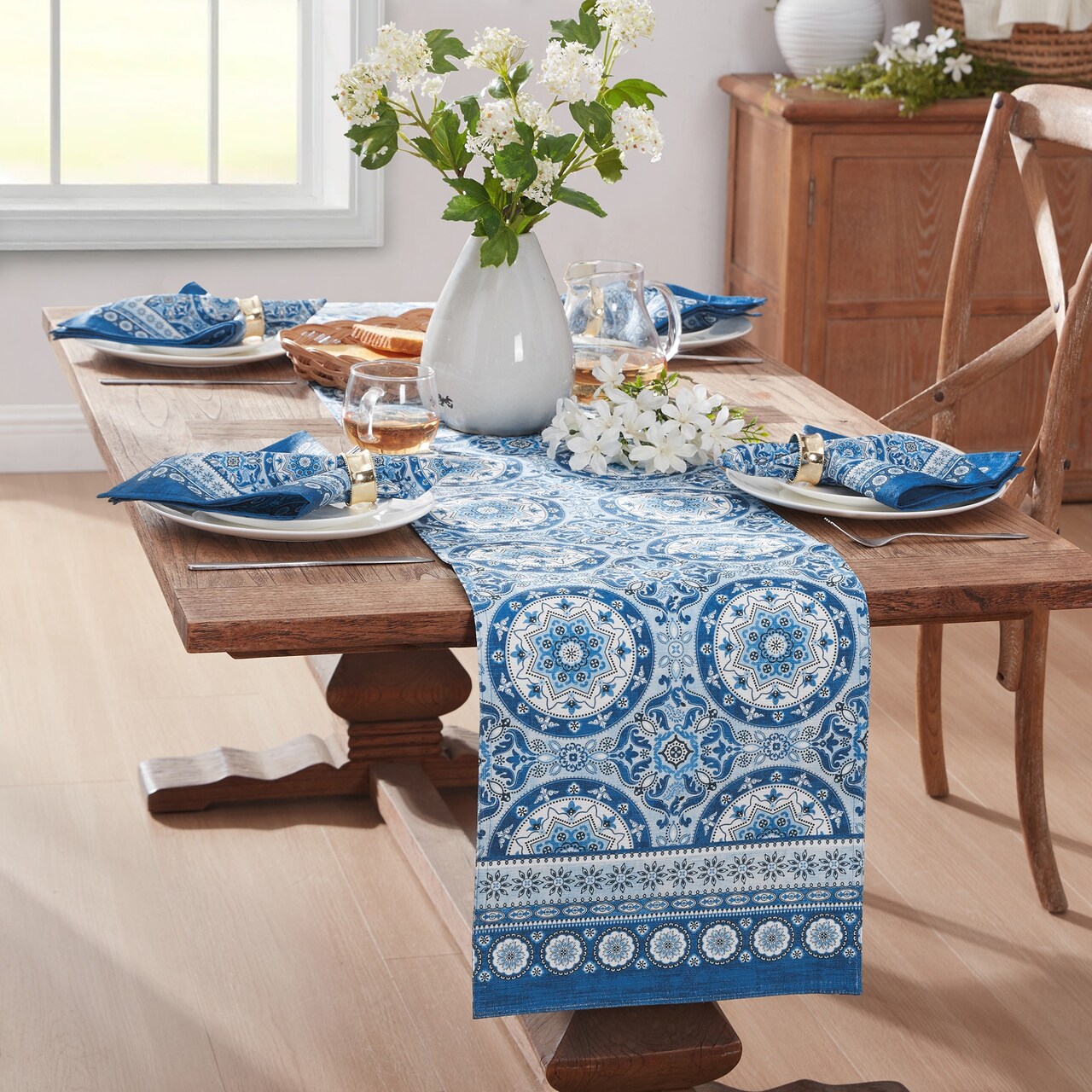 Threadmade Home Vietri Medallion Block Print Stain & Water Resistant Indoor/Outdoor Table Runner, Multicolor - 13"W x 70"L